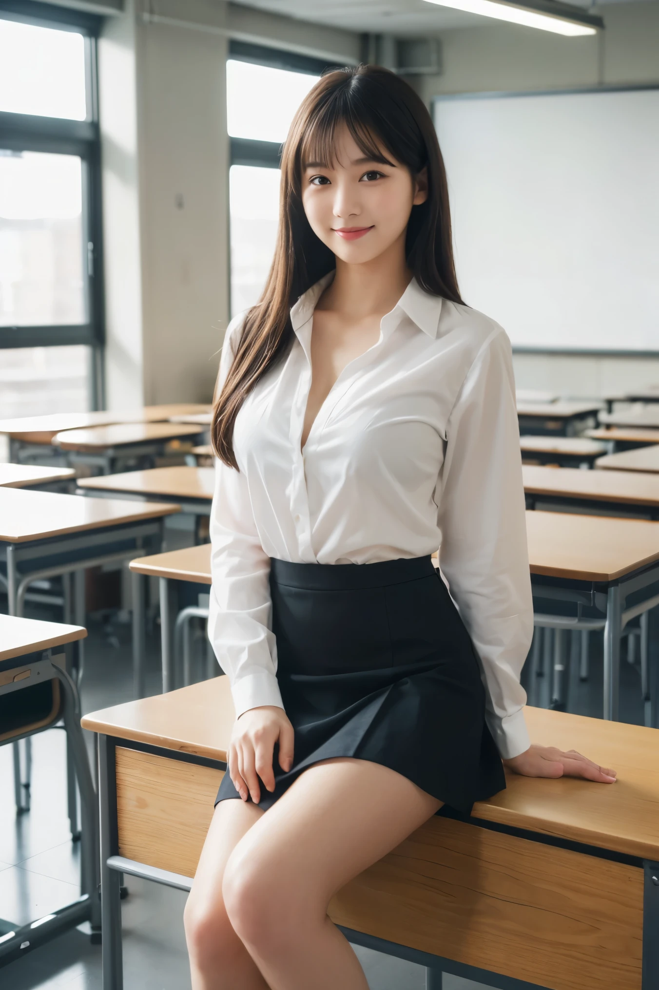 1womanl、(Super beautiful)、(beauitful face:1.5)、40 years、spreads her legs、makeup, (Dark gray suit), (a miniskirt:1.2)、(Showing white panties:1.2)、shirt with collar、(Bare legs)、(Elementary School Classroom)
