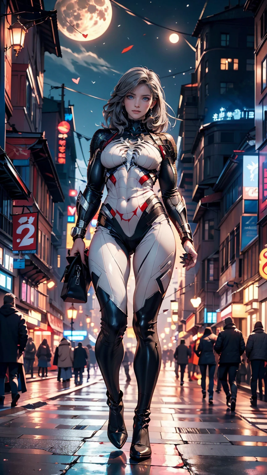 (Fox Girl, Fox Ears, Silver Hair, Fox Makeup, One Girl, Long Hair, Alone on the screen, dark skin, High definition:1.6), (mecha musume, Machinery Parts,Robot Joints, White and red clothes, Full body mechanical suit:1.8), (Body measurements are 75-60-75!, Young girl body, Small breasts, Proudly, Standing posture, slender, muscle:1.9), Avatar, face, lewd face, Dominant representation, naughty face, Uplifting, Skin Texture, outside, ruins, Ruined City, Broken Building, There are no people