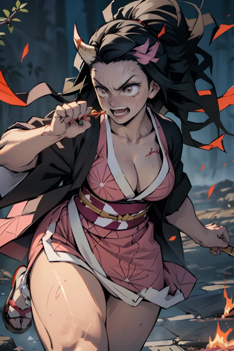 anime, hdr, soft light, ((best quality)), ((masterpiece)), (detailed), kamado nezuko, black hair, forehead, open mouth, fangs, pink eyes, very long hair, hair ribbon, japanese clothes, pink kimono, multicolored hair, pink ribbon, cleavage, angry, horn, standing, legs apart, fighting pose, blood, blood on clothes, blood on face, flowing blood, destruction, kimetsu no yaiba style, sparks,