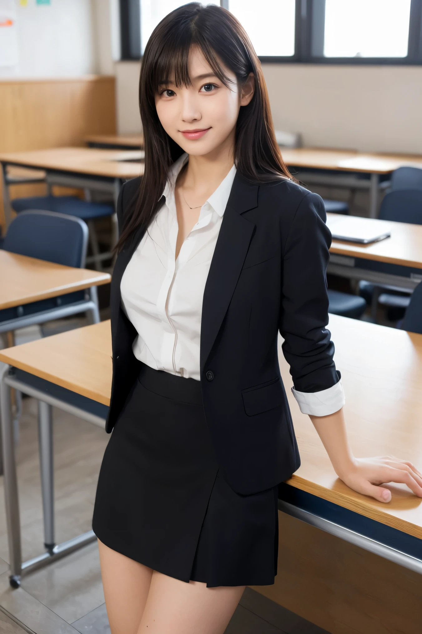 1womanl、(Super beautiful)、(beauitful face:1.5)、40 years、(Clear pubic contours),spreads her legs、(I'm showing my panties:1.1)、(white panties)、makeup, Business Suit, (a miniskirt:1.2)、Sitting on a chair in a classroom in elementary school、Chalkboard background