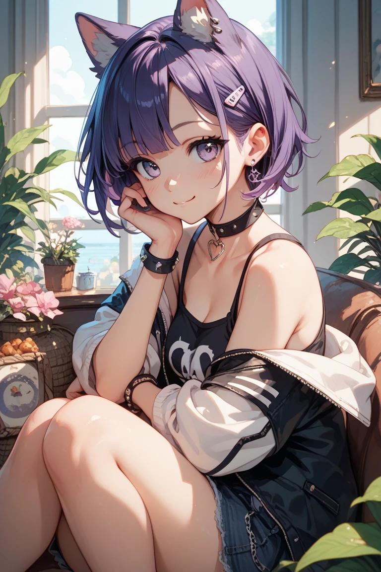 (Highest quality)、(Highest quality)、cute、(choker).eyes are emerald、Her hair is purple、Short Bob、Date、