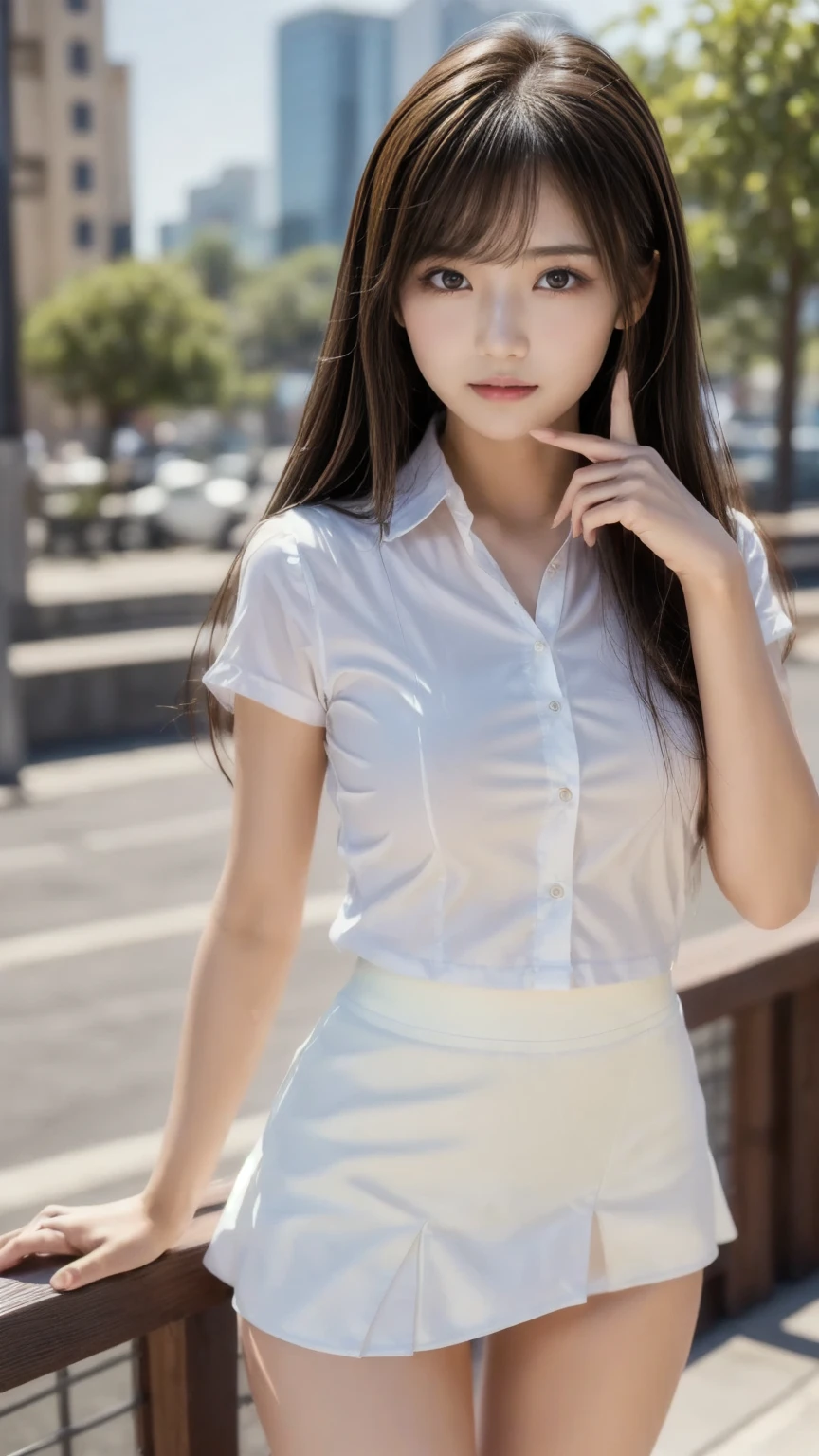 best quality, natural lighting, masterpiece, 1 girl, perfect beautiful face, (photo photo:1.3), edge lighting, photography lighting, (high detail skin:1.2), 8k ultra hd, DSLR, high quality, high resolution, white skin, detailed textured skin, 3/4 body in frame, sexy posing, poker face, perfect propotion face, symetric face, eye level shot, 4k, 8k, bokeh, absurd, best ratio four fingers and one thumb, (realistic:1.3), beautiful detailed girl, cute 1girl, dark-brown hair, ponytail, long hair, bangs, volume hairs, collosal-breast, full looking breast, projecting breast, slim waist, slender, small thighs, perfectly proportion, university background, detailed background, mahalaiuniform, white shirt short sleeves, black pencil skirt, black pleated skirt