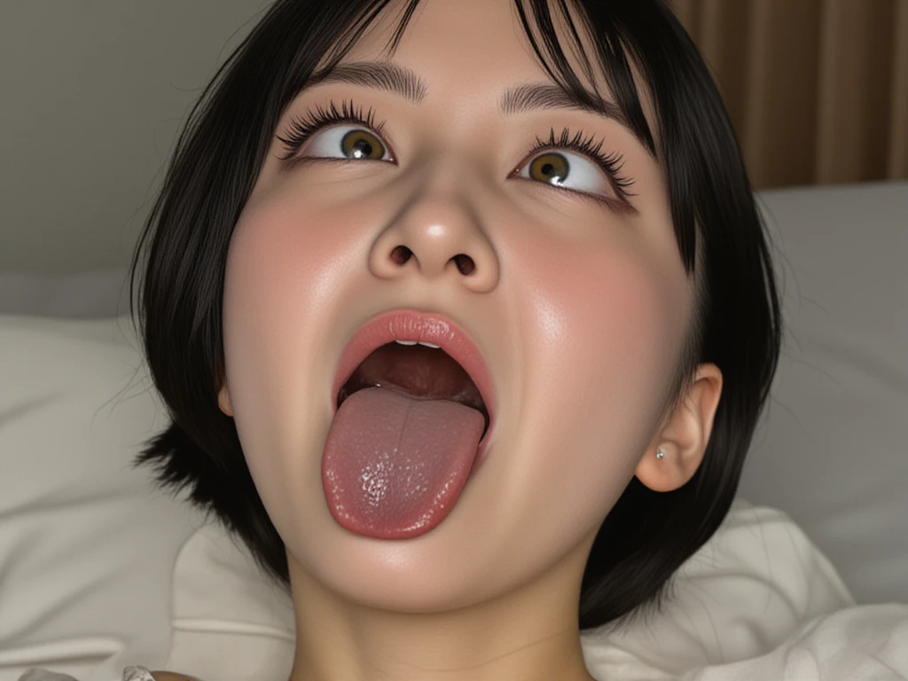 woman, beautiful girl, 、 Baby Face, Realistic skin of the highest quality, Eyes are focused, 20-year-old, Sticking out tongue, Focus on the mouth, Open your mouth, Long Tongue, saliva, Open your mouth , You can see inside the mouth, Open your mouth 舌を突き出す, Realistic tongue、Provocative eyes、Looking up、Tempting、
