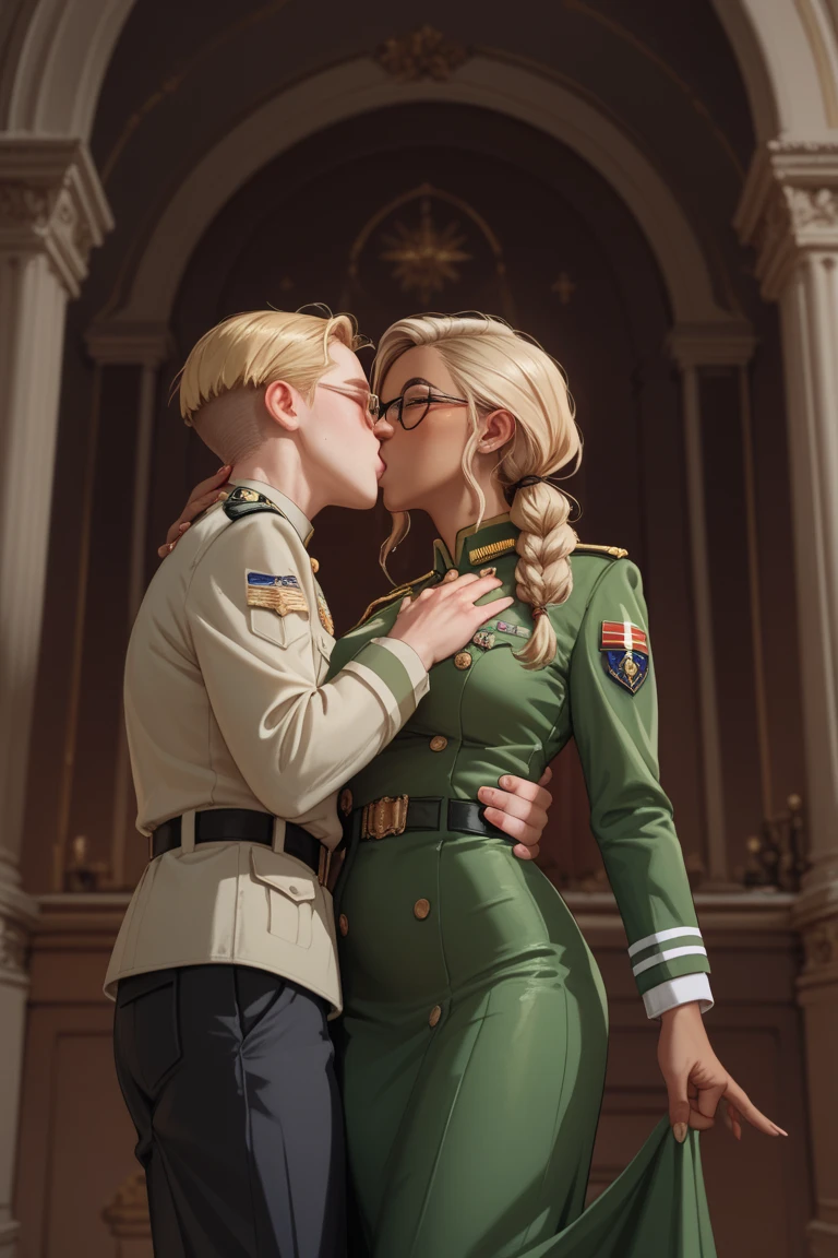 long hair blonde man tall soldier and short hair blonde woman prostitute who are a couple of emotional and passionate lovers put them in a suguente pose