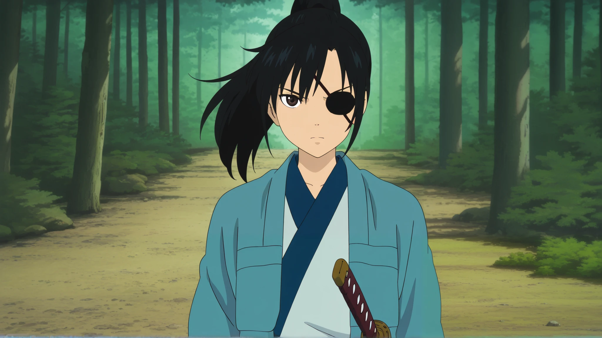 Ghibli_style, masterpiece, best quality, absurdres, detailed skin, detailed eyes, detailed face, anime colored, anime screencap, anime colored,
1 girl, kyubei, japanese clothes, katana,
looking at viewer, serious, katana, cowboy shot,
(((forest background))),