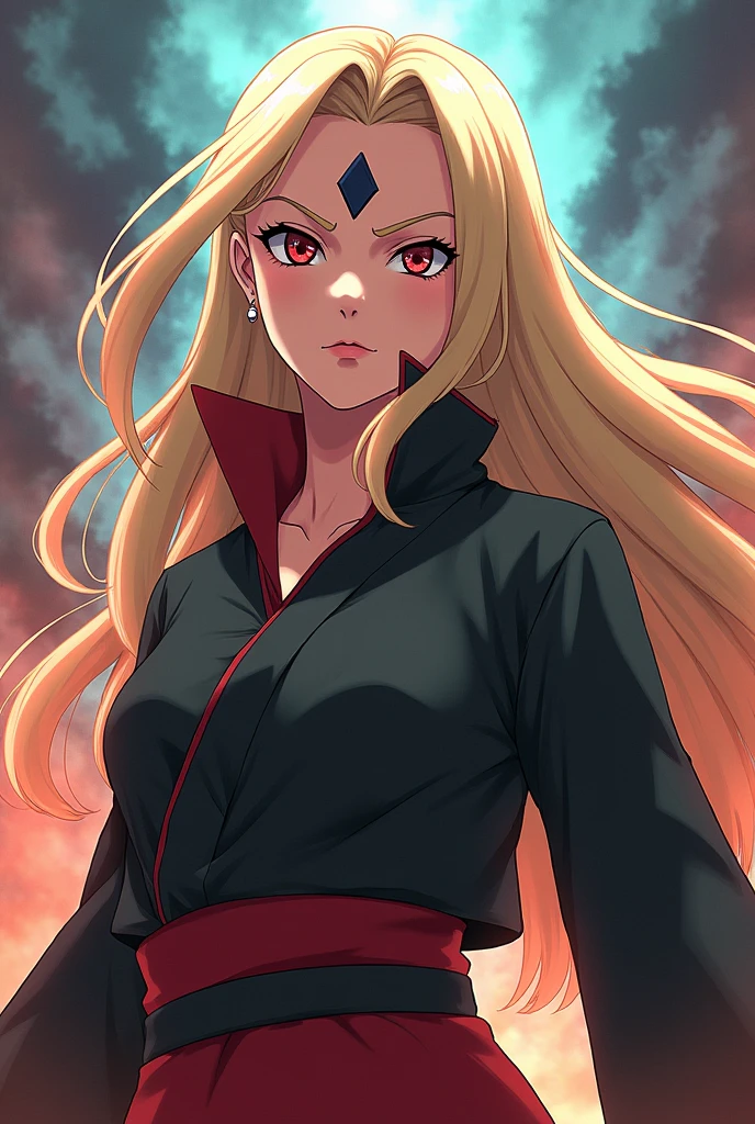 Draw Tsunade from Naruto in an anime style。I made Tsunade pose with her legs wide apart and her hands behind her head.。With a regretful face。Depict the body being controlled。