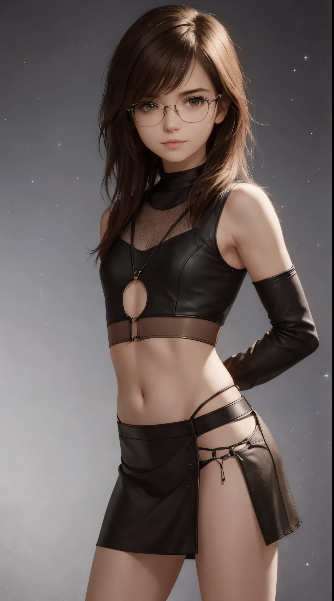 A young female ranger in a fantasy setting with long hair but one side shaved undercut. She is rather slim. Very small breasts. Wide hips and long thick legs. Extremly pale skin with liverspots. Long wavy Dark brown hair with a shaved sidecut. Long hair with shaved side. Sidecut. A narrow soft face. Soft round chin. Rather big forehead. A very long and big nose. Cute curved lips. Big upturned eyes. Very bright and barley visible eyebrows. Very very thin eyebrows. Pale skin with freckles and liverspots. Long neck. Soft, Kind, friendly, Intelligent. Wearing: Fantasy clothing of a adventuerer: Black color. Wide trousers. Tight top. Background: A romantic wide meadow plain.