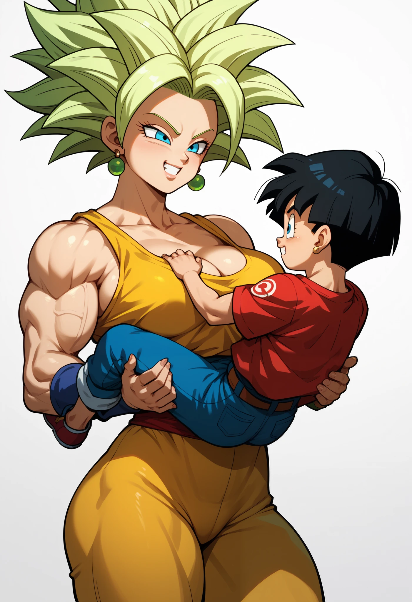 kefla dragon ball, muscle woman, hot woman, woman carrying boy, she is standing, she is looking at the boy with a naughty face, she is naked,goten dragon ball, shota, shotacon
