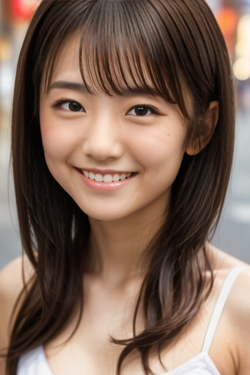 One Girl、masterpiece、((highest quality))、Realistic、(Detailed light)、Short hair to the shoulders、15-year-old student、Japanese Height 、Short sleeve、summer、Captivating eyes、Nogizaka、Shibuya Ward、(Close-up)、Laughter、Walking down the street、Buckshot、((Close one eye))、Very detailed
