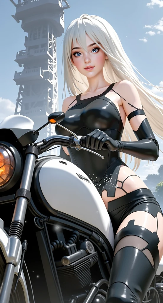 masterpiece, (masterpiece, top quality, best quality),1girl, solo, bodysuit, breasts, long hair, white background, smile, simple background, medium breasts, helmet, looking at viewer, skin tight, sitting, lips, blue bodysuit, motorcycle, black gloves, gloves