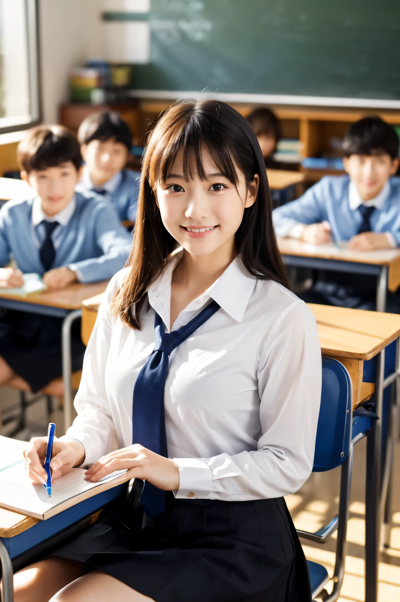 ((top-quality、masutepiece、8K、Top image quality))、(1 photo:1.5)、Highly saturated、1 schoolgirl、((Pink cardigan、Uniform Shirt、Pink plaid pleated skirt))、The happiest smile、View me、waved hair、(Studying in the classroom:1.3)、school class room background、lipsticks、long eyelashes、Perfect makeup、Emphasize body lines、large full breasts、a blond、accurate anatomy、(perfect hair:1.2)、Gravure Pose、(exact cardigan:1.3)