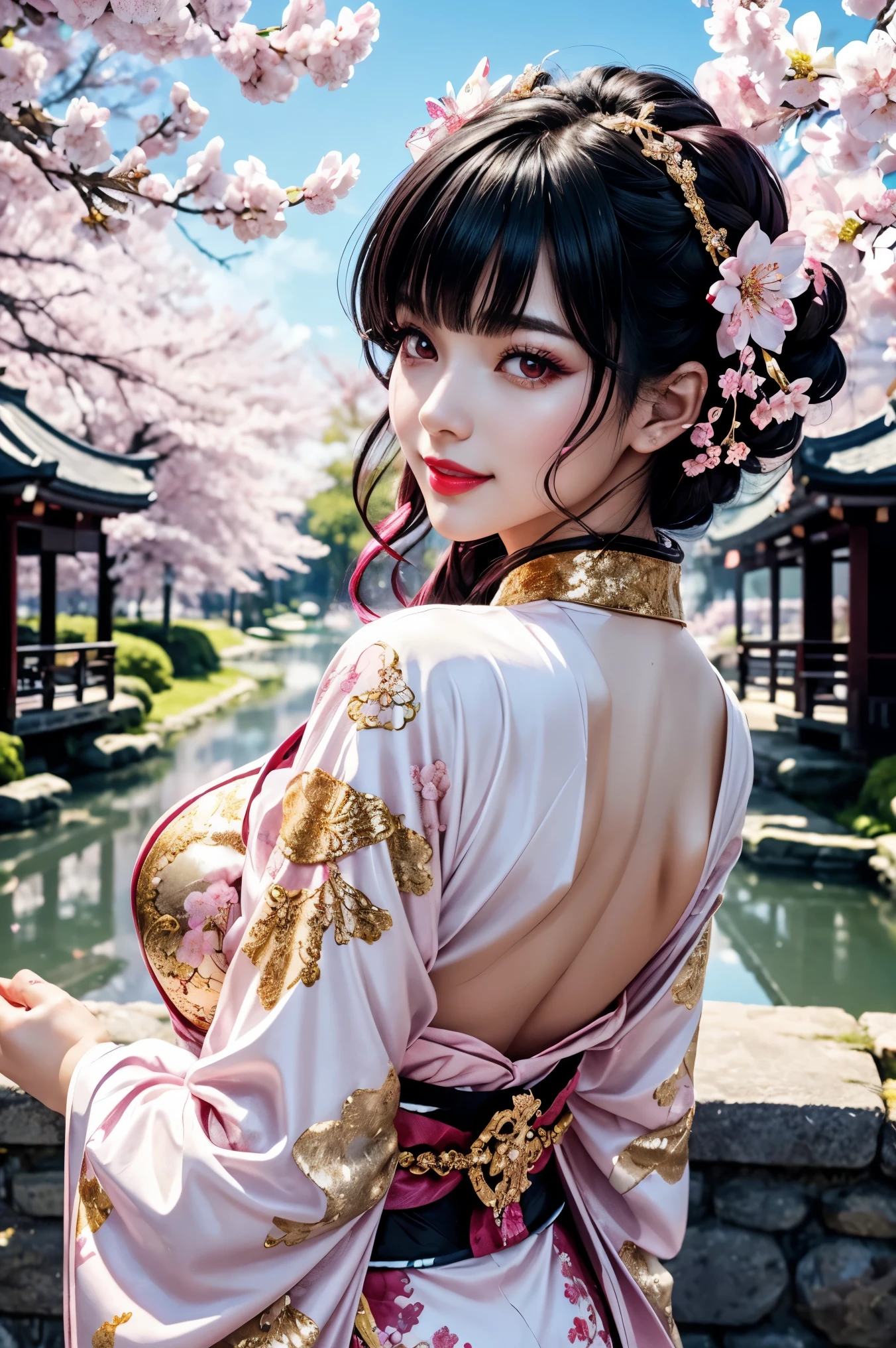  beautiful black hair ,shortcuts,Aligned bangs,Bright red lips,Pink Eyes,white skin,Beautiful Japanese clothing,smile,super high quality,Ultra High Quality,masterpiece,dslr,photorealistic, Detailed Details,Vivid details,is drawn in detail,detailed face, Detailed Details,Super Details,realistic skin texture, colorful candy room ,perfect anatomy,anatomically correct hand,anatomically correct fingers,complex 3d render,Beautiful back view,Pull out,Light pink sequin kimono studded with gold,Beautiful hairpin,cherry colored nails,Mysterious cherry blossom blizzard,Clear skies, Beautiful Blue Sky ,Picturesque, the whole body,9 heads,pink lips, beautiful curly hair ,gorgeous necklace,