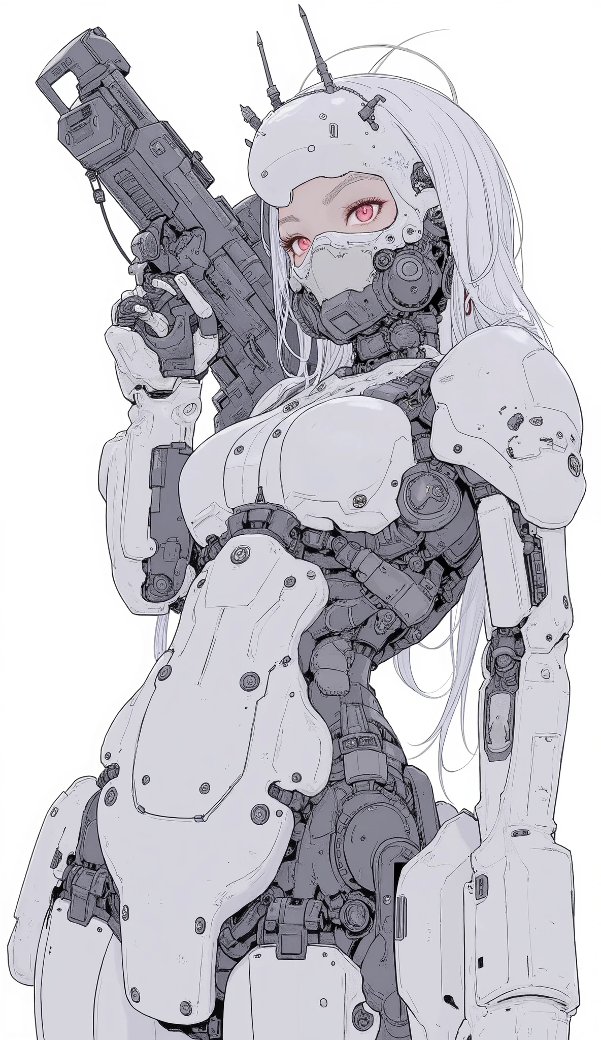 Close up shot of robot with gun on white background,  Concept Art ：  Krenz Kushart  ,  trending on pixiv, Neoism, female Mecha, modern Mecha anime, ferra white Mecha, anime Mecha aesthetic, cool Mecha style, # Mecha,  organic anime robot  , white Mecha, Mecha anime、sexy pose