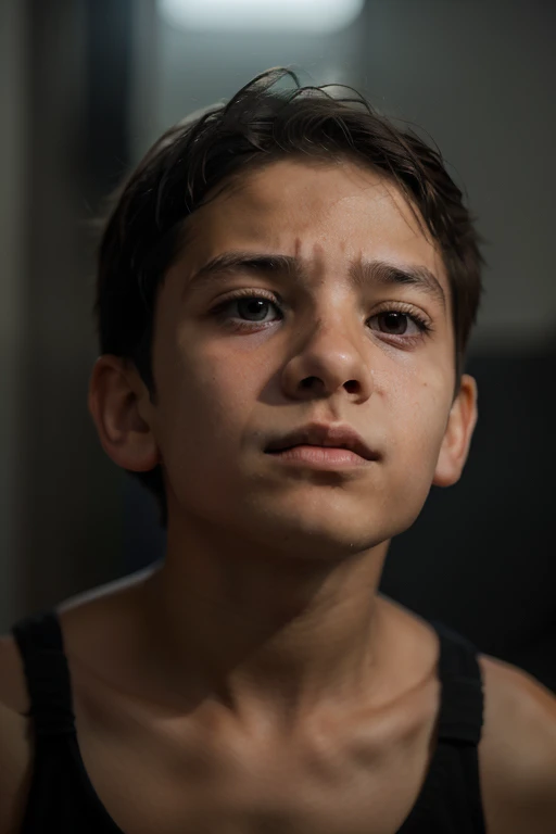 A beautiful and very sad boy, fourteen years old, overwhelmed by grief, with beautiful face, European traits, light eyes, the broken heart, without illusions, and with a lot of feeling, In his bedroom, sitting in an armchair.