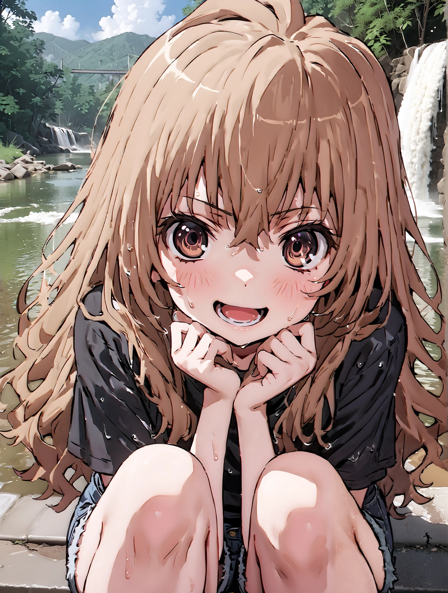 score_9, score_8_up, score_7_up, source_anime,
Taigaisaka, Aisaka Taiga,Alone, long hair, brown hair, brown eyes,ponytail,smile,open your mouth,plain black t-shirt,belly button sticking,Tie the hem of the shirt,denim micro shorts,Bare legs,wet skin,wet hair, wet clothes,in line of sight,river,Mountain,forest,waterfall,river遊び, playing in the water,full bodyがイラストに入るように,
break outdoors, nature,
break looking at viewer,full body,
break indoors, classroom,
break looking at viewer,
break (masterpiece:1.2),top quality , kampala, Unity 8K Wallpaper ,(shape:0.8),( fine, beautiful eyes :1.6),It's a person ,full body写真,CG Details , (perfect hands with full nudity, complete anatomy),