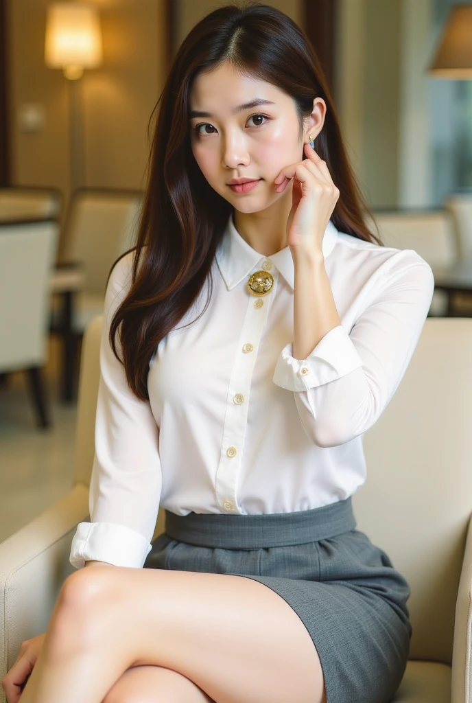 arafed woman sitting on a chair in a white shirt and black skirt, Wearing a blouse, Office Clothes, Wear a shirt, 白いWear a shirt, Korean Girls, wearing a White blouse, Korean women, 白いWear a shirt, Open shirt, Quality white shirt, 白いWear a shirt, Businesswoman, タイトなWear a shirtいる, White blouse, Business Attire