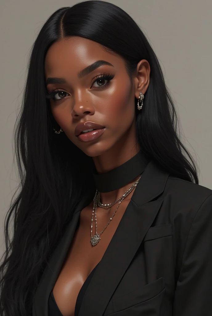 Long wavy luxurious black hair, shiny skin, black woman, ebony dark skin tone, collared shirt, big flower pots, Luxury, from a distance