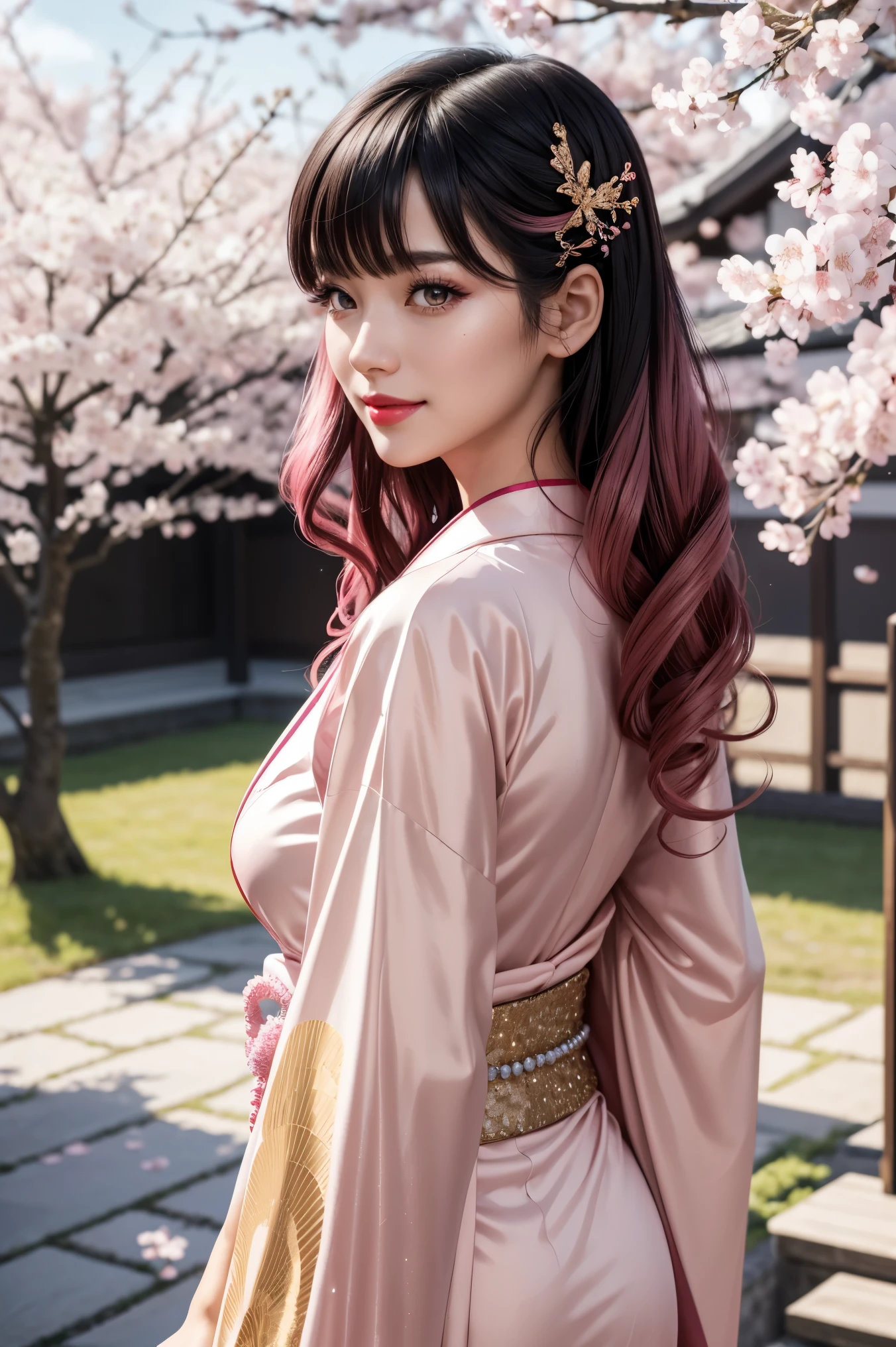beautiful black hair ,shortcuts,Aligned bangs,Bright red lips,Pink Eyes,white skin,Beautiful Japanese clothing,smile,super high quality,Ultra High Quality,masterpiece,dslr,photorealistic, Detailed Details,Vivid details,is drawn in detail,detailed face, Detailed Details,Super Details,realistic skin texture, colorful candy room ,perfect anatomy,anatomically correct hand,anatomically correct fingers,complex 3d render,Beautiful back view,Light pink sequin kimono studded with gold,Beautiful hairpin,cherry colored nails,Mysterious cherry blossom blizzard,Clear skies, Beautiful Blue Sky ,Picturesque, the whole body,9 heads,pink lips, beautiful curly hair ,gorgeous necklace,
