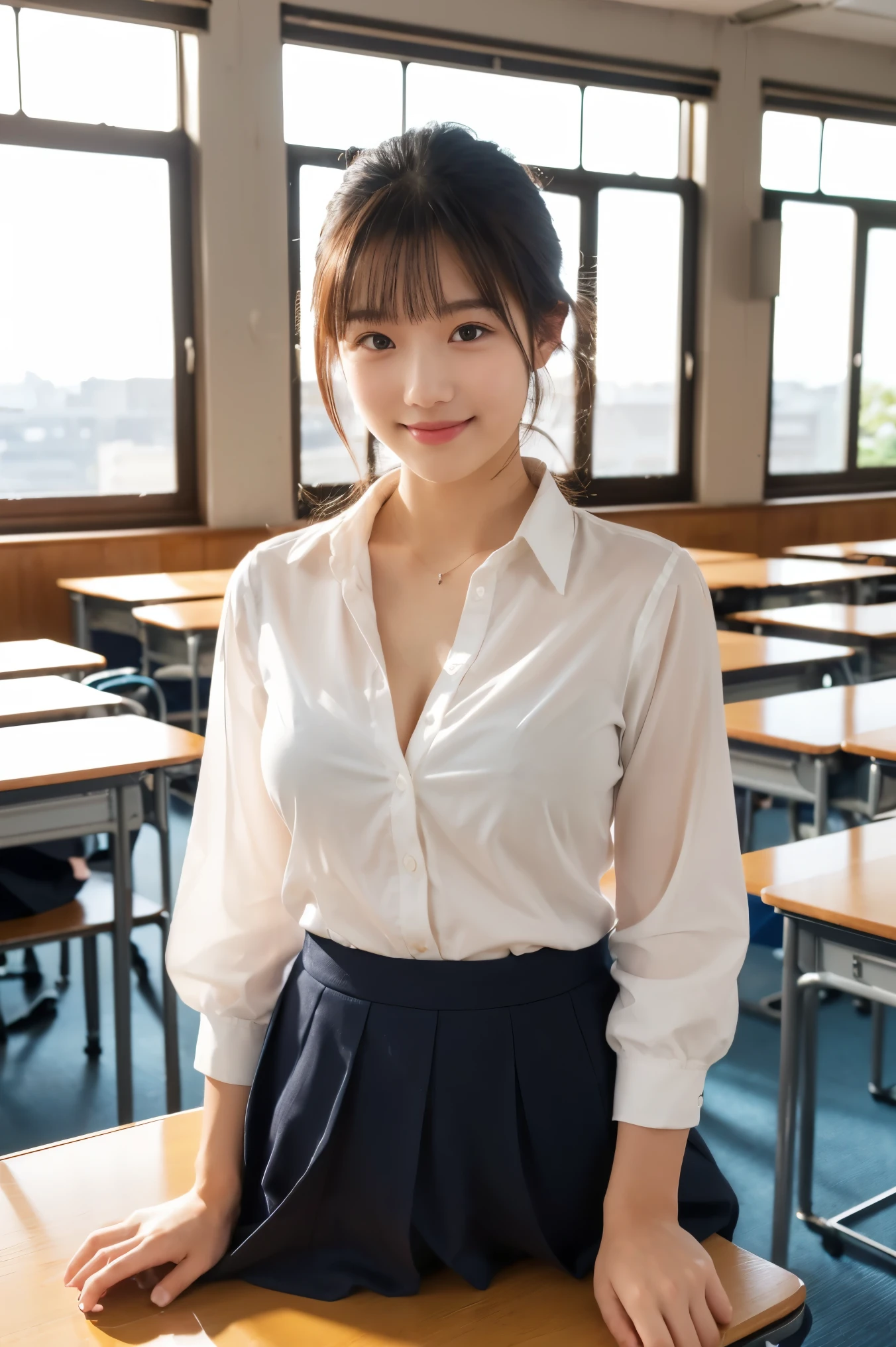 tmasterpiece,(actual), High detail CG unified 8K wallpaper, (Head office skin:1.2),8k ultra high definition, SLR camera, high high quality, ((1 plump girl, 25 age old, a skirt, ssmile, Sit near the classroom window, The figure is very thin,Medium and short hair, indoor)), 黑The eye, beautidful eyes, (dermis), Beautiful skins, Attractive, 超高分辨率, Surreal,k hd