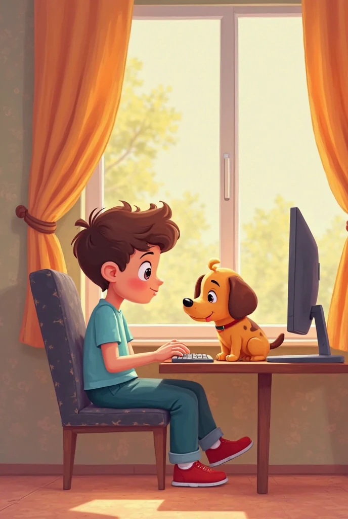 A child on a computer playing a game of a character adventuring outdoors and in front of him a window where he can see the outdoors and his little dog waiting for him outside