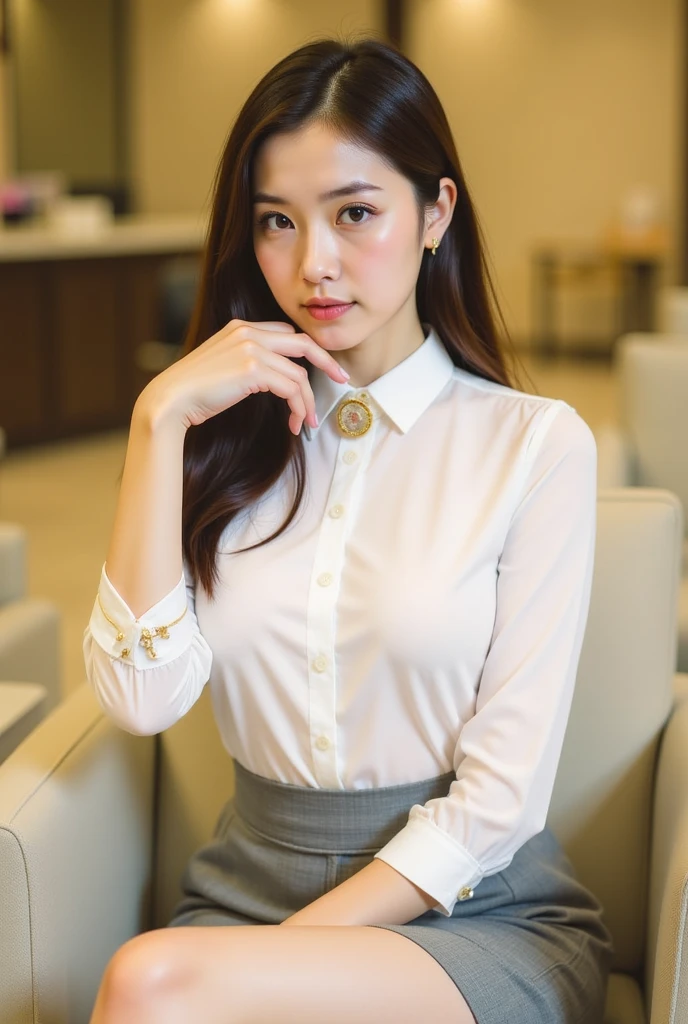Create an image of a good-looking young woman with an air of sophistication and culture. She is elegantly dressed, with a confident and welcoming smile. The scene around her should reflect prosperity, with elements that indicate success and achievement, such as a modern, well-decorated environment, books, and perhaps a cup of coffee on a work desk.