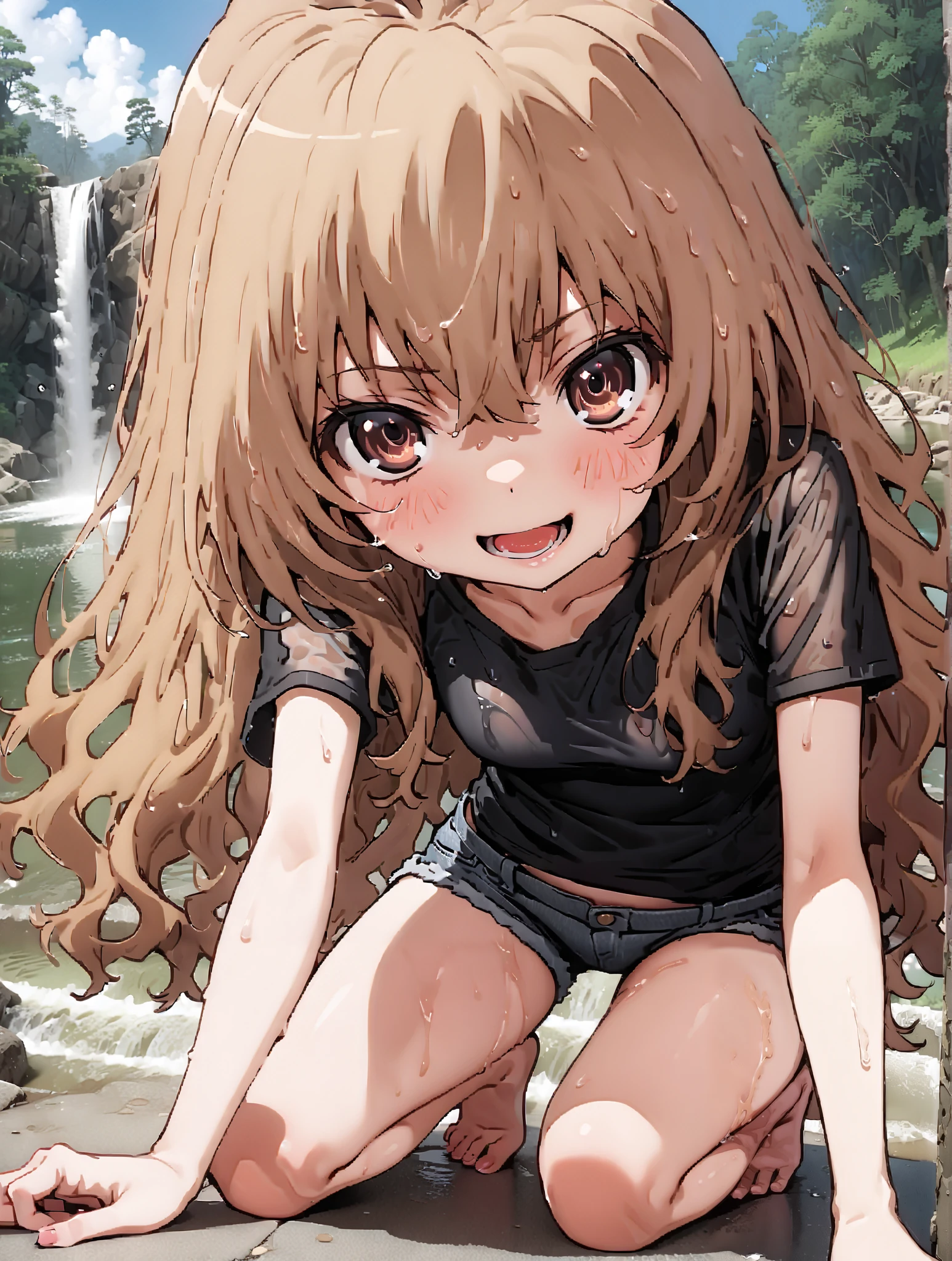 score_9, score_8_up, score_7_up, source_anime,
Taigaisaka, Aisaka Taiga,Alone, long hair, brown hair, brown eyes,ponytail,smile,open your mouth,Black T-shirt,belly button sticking,Tie the hem of the shirt,denim micro shorts,Bare legs,wet skin,wet hair, wet clothes,in line of sight,river,Mountain,forest,waterfall,river遊び, playing in the water,full bodyがイラストに入るように,
break outdoors, nature,
break looking at viewer,full body,
break indoors, classroom,
break looking at viewer,
break (masterpiece:1.2),top quality , kampala, Unity 8K Wallpaper ,(shape:0.8),( fine, beautiful eyes :1.6),It's a person ,full body写真,CG Details , (perfect hands with full nudity, complete anatomy),