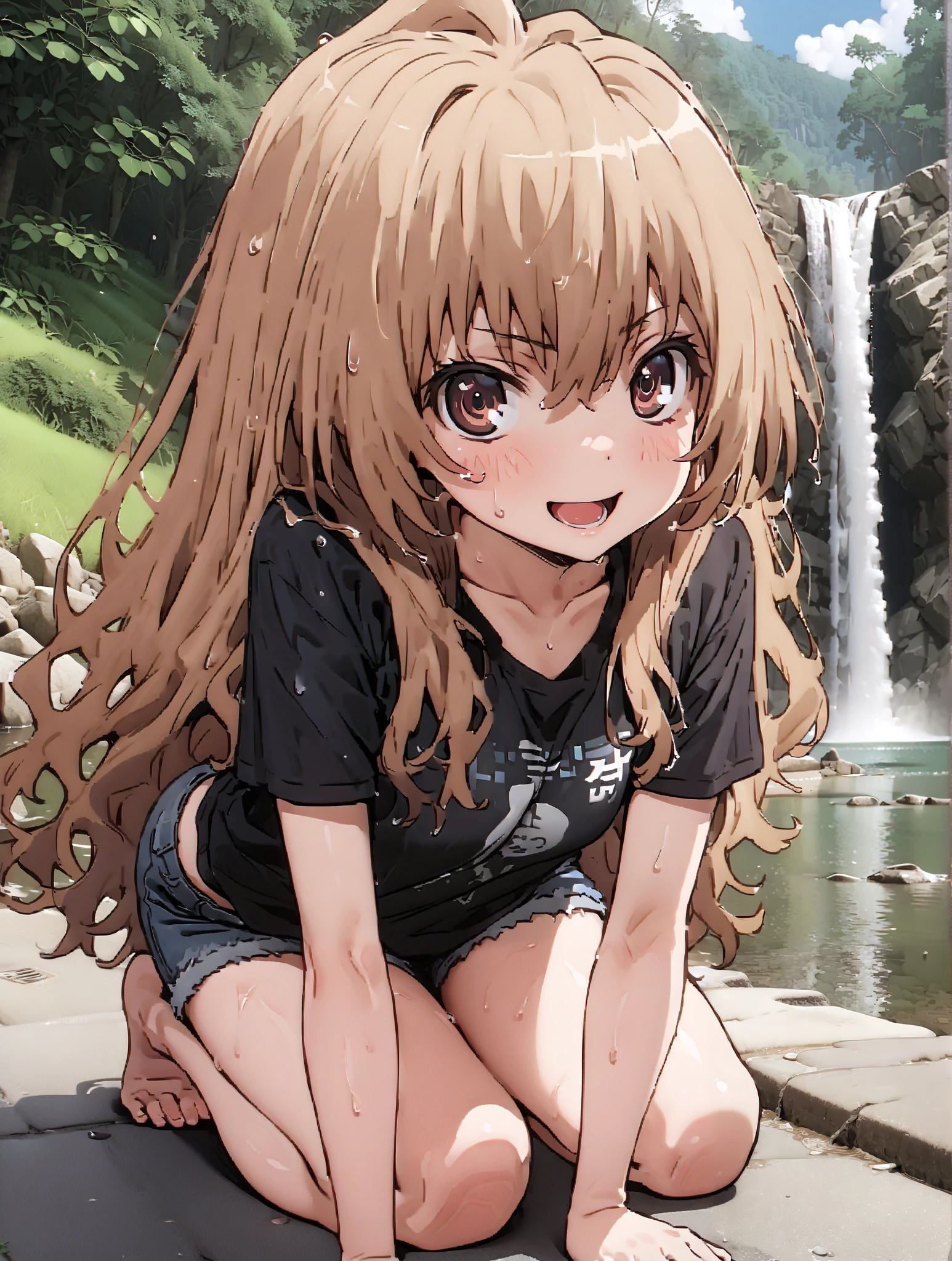 score_9, score_8_up, score_7_up, source_anime,
Taigaisaka, Aisaka Taiga,Alone, long hair, brown hair, brown eyes,ponytail,smile,open your mouth,Black T-shirt,belly button sticking,Tie the hem of the shirt,denim micro shorts,Bare legs,wet skin,wet hair, wet clothes,in line of sight,river,Mountain,forest,waterfall,river遊び, playing in the water,full bodyがイラストに入るように,
break outdoors, nature,
break looking at viewer,full body,
break indoors, classroom,
break looking at viewer,
break (masterpiece:1.2),top quality , kampala, Unity 8K Wallpaper ,(shape:0.8),( fine, beautiful eyes :1.6),It's a person ,full body写真,CG Details , (perfect hands with full nudity, complete anatomy),