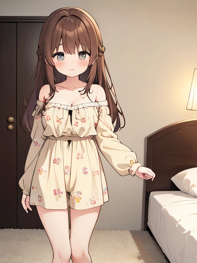 1animegirl, full body shot, auburn brown hair, sleepy eyes, showing cleavage, precious thighs, wearing a off-shoulder slim light beige flowy romper with floral patterns, standing in the bedroom, cute, absurdres, high res, ultrasharp, 8K, masterpiece,