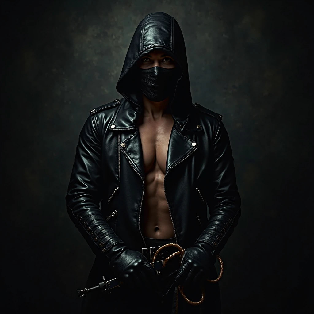 Create an image of a man with a black bandit mask, holding a sniper, shirtless, art in the style of league of legends skins, with a dynamic full-body pose