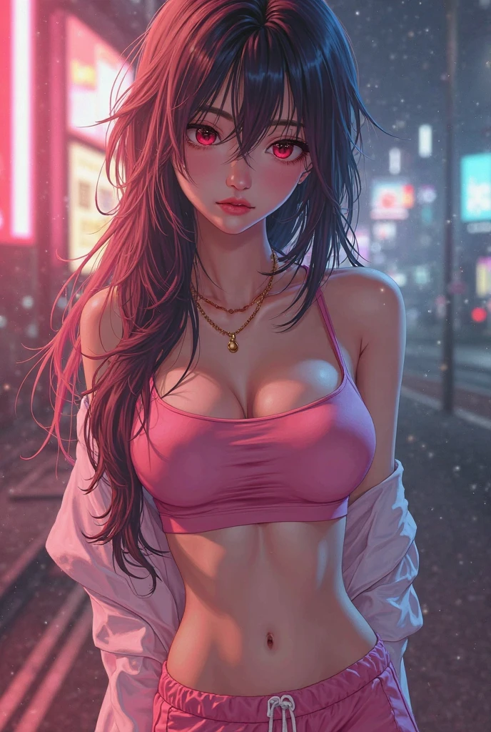 girl spacepunk,(((1girl))),((beautiful girl with cute cat ears)),
(large breasts:1.4),saggy breasts,((black hair,black messy hair,colored inner hair,long hair:1.5,absurdly long unkempt hair:1.35,long black hair,ear breathing,intricate cut hair)),((((cat ears,cat ears on head,big cat ears)))),(((neon pink eyes:1.3))),intricate eyes,beautiful detailed eyes,neon color eyes:1.5,symmetrical eyes,((fat)),(((lustrous skin:1.5,bright skin: 1.5,skin tanned,shiny skin,very shiny skin,shiny body,plastic glitter skin,exaggerated shiny skin,illuminated skin,wet legs))),(spider lower abdomen,narrow waist,wide hip,athletic body,inflated legs,delicate detailed fingers,detailed body,human hands,(detailed face)),
cute,slutty,seductive,erotic,(((nsfw))),
(graffiti art in clothes),zettai ryouiki,revealing clothing,show skin,((((underboob)))),((cleavage)),(semi-naked,with little clothing,((tiny thong, thong intricate)),bare legs,visible thong straps,no bra),((((crop top hoodie,cropped hoodie,hoodie,hoodie intricate)))),(((wet clothes,intricate outfit,intricate clothes))),
(dynamic pose:1.0),solo focus,embarrassed,(centered,scale to fit dimensions,Rule of thirds),
cyberpunk city by the ocean at night, with bright neon signs and dark stormy clouds and puddles, scenery:1.25,
highres, sharp focus, (ultra detailed, extremely detailed), (photorealistic artwork:1.37),(extremely detailed CG unity 8k wallpaper),((synthwave background theme)),(((vibrant colors))),(intricate background),(masterpiece),(best quality),synthwave neon colors,