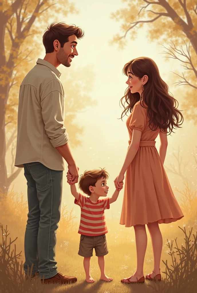 Parent and Child, Holding hands, garden, stroll, smile, Sunlight filtering through the trees, Calm