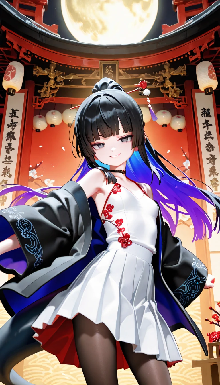 (((((roll up bandage sideways on a chest tightly to cover the chest without gaps))))), (((bandage samweways))),, ((Japanese Gangster BOSS)), adult woman with the dignified presence, Killing Qi, wear nothing around shoulder, wear nothing around neck, wear the kimono, wear it below the waist, (I wind it up to control it, and to attach it), ((kimono come off)) ,wear the kimono multiple times, Bare shoulders and the clavicle, black and gold kimono, put on over jacket of kimono, (holding a japanese sword which shine in purple, The handle of the sword is black, and the blade is gray, long sword), eye fire, low angle, whole body, anime character, Glaring, off sholder, nappropriate smile, Excellent, black blue hair, can see both shoulder, ((long kimono hem)), small face, ((big tattoo on the arm)), ((background Japanese gate with circlr mark)),muscular,drink sake,fullmoon in the sky, The kimono is spreading,(((ultra-detailed))),super beautiful,Masterpiece,Killing Qi,Intimidation,zoom up, a person,Selfish person,in japanese veranda,Autumn leaf pattern,Ginkgo biloba pattern