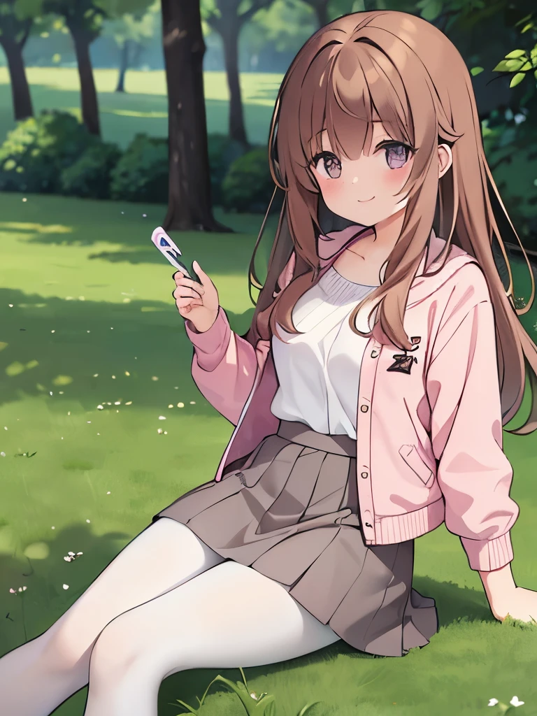 1girl, 23 yro, cowboyshot, long auburn brown hair, loose wispy layers, eyes, pink jacket, white blouse, grey skirt, black leggings, sitting in nature, laying on the ground, smiling, cute, absurdres, high res, ultrasharp, 8K, masterpiece