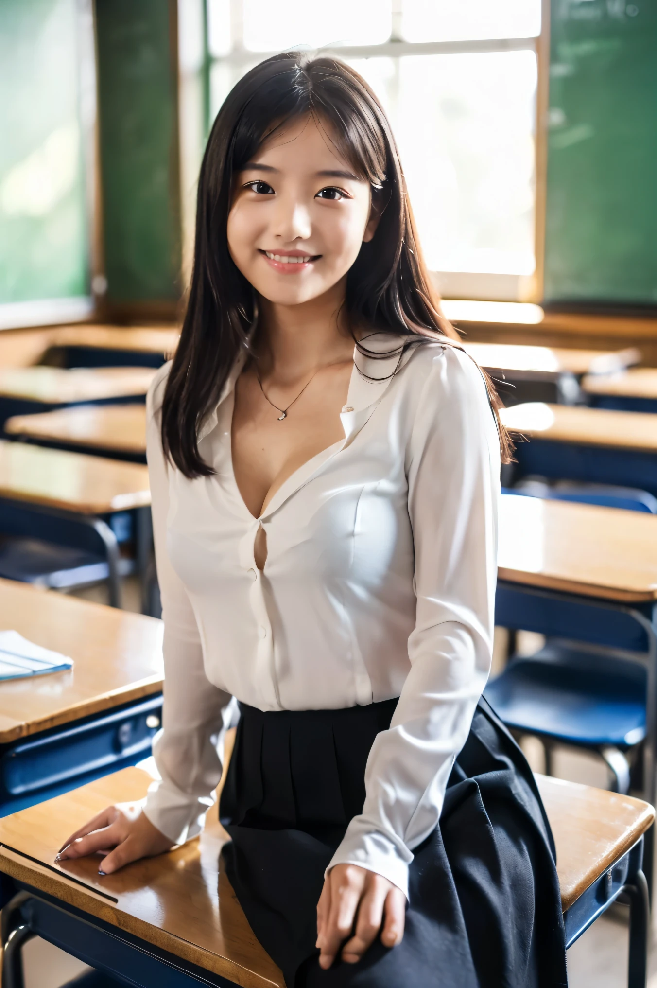 13 year old Bang Eun Jung, shirt, denim shorts, tights, small breasts, school, classroom, ultra-detailed, realistic colors, beautiful detailed eyes, beautiful detailed lips, long eyelashes, expressive face, adorable smile, adorable appearance , 4k resolution, studio lighting, (high angle shot: 1.2)