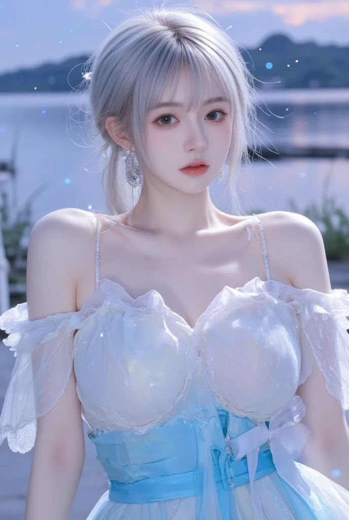 Georgeous, Beautiful, Cute, Baby Face, 18 Years Old, White Skin, Cleavage, ((Large Colossal Breast:1.3)), Sleeveless, Off Shoulder, Strapless, ((Transparent:1.3)), ((White Long Lolita Dress)), (Embroidery), Posing, ((Silver Hair)), ((Bright Blue Eye)), ((Muscles:1.2)), ((Bokeh:1.3)), Animal Farmer Background, Masterpiece, Twintails, Arms Up