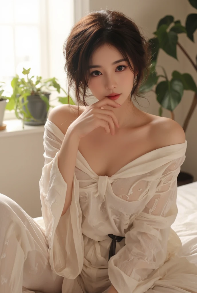 masterpiece、best quality、high resolution、wallpaper、Practical、Bright Lights、Professional lighting、Soft lighting、Japanese women、30 years old、aldult、Beautiful woman、action、Gravure printing、Sexy、so beautiful、Beautiful skin、Exquisite、Delicate face、Slim、short hair、Black Hair、Double eyelids、big eyes、Brown eyes、Long eyelashes、Thin lips、Blink、Diamond Earrings、Light makeup、clavicle、Off-shoulder、mini skirt、美しいclavicle、Beautiful thighs、Lying in bed、outdoor、Smile、Red transparent pajamas