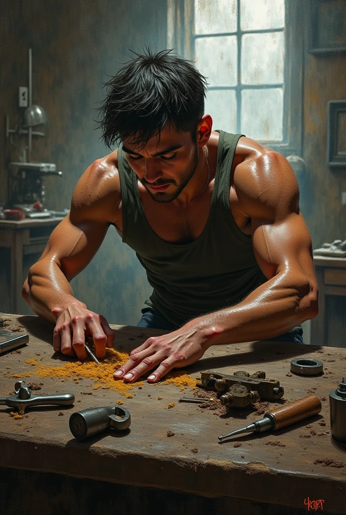 The determination and willpower of humankind striving to complete its creation , expressing all the mental strength and utilized in his work, with sweat, tears and blood, An artist.