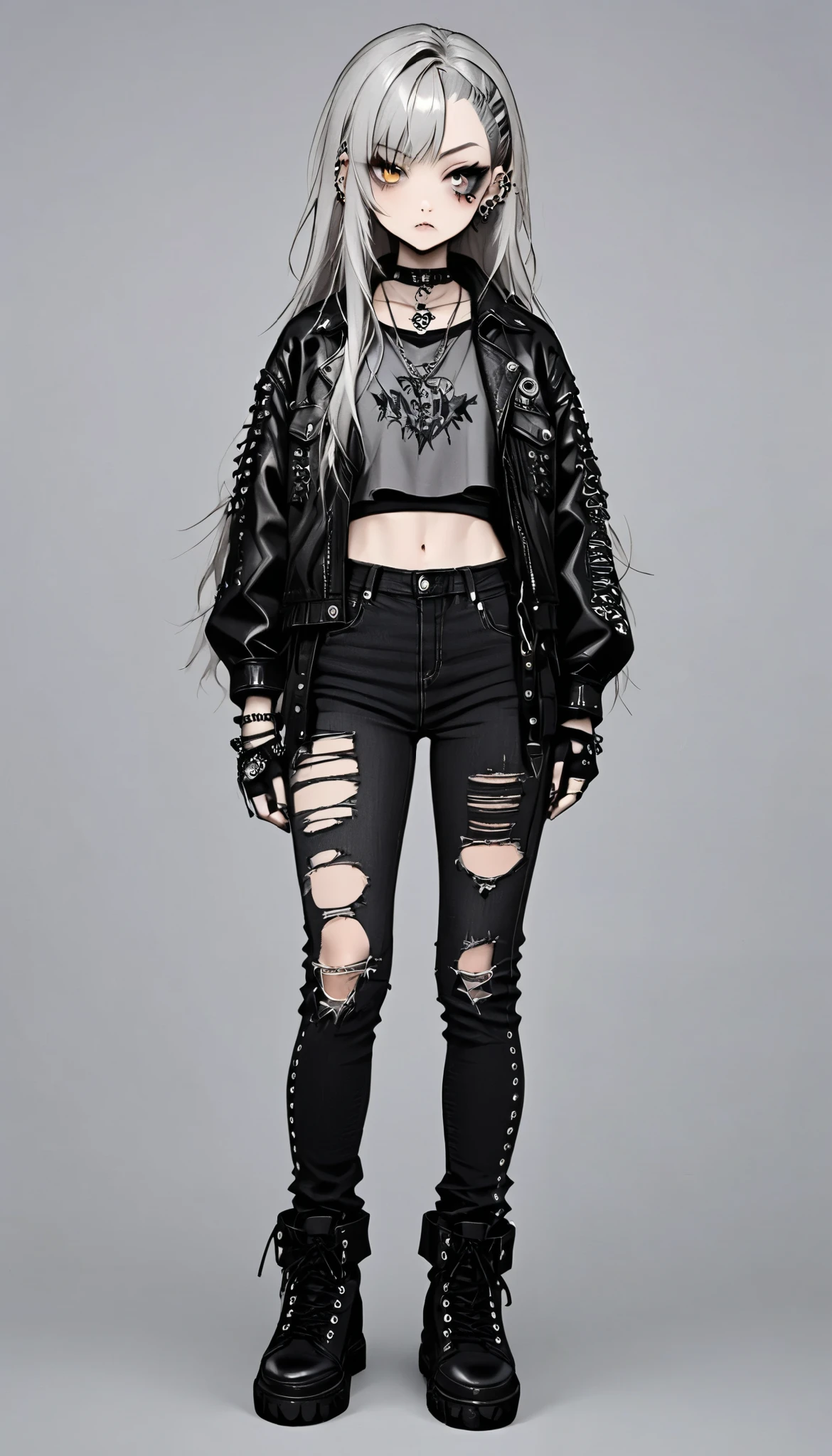 (Highest Quality), (Simple background), single, solo, full body, 1girl, silver hair, long hair, undercut, punk fashion, ripped jeans, grey tanktop, plaid jacket tied around waist, bracelets, piercings, scar under her left eye, gothic make up, eye shadow, golden eyes, black sneakers, athletic, black fingerless gloves