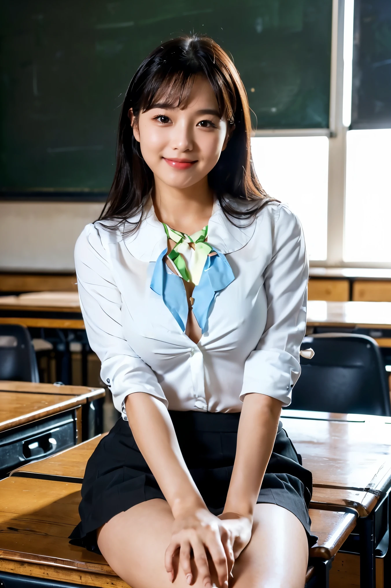 (Tabletop, highest quality, High resolution, , Pixel perfect, 4K,), 1 girl, single, alone, Beautiful woman、I could see the whole body、 ((Wavy mid-hair, bangs, Brown Hair)), ((Brown eyes, Beautiful eyelashes, Realistic eyes)), ((Detailed face, blush:1.2)), ((Smooth texture:0.75, Realistic texture:0.65, Realistic:1.1, Anime CG Style)), Medium chest, Dynamic Angle, Perfect body, ((, female teacher, , Earrings、necklace、White silk shirt、Blue flared skirt、Matte black pantyhose、Spread your legs wide、Get down on one knee、A shy smile)), Superior、、、evening、Sit at a desk、Bring your arms together to emphasize your chest、(、Showing polka dot panties under pantyhose、Angle from below)、