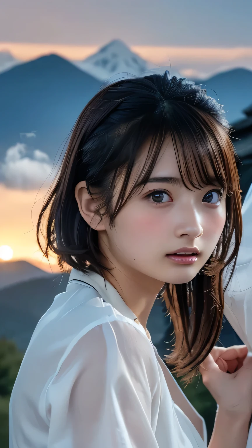 topクオリティ , masterpiece, super high heels , ( author:mr. names:1.3), RAW photo, ( Nature landscape photography ), ( majestic mountain 々 top, Sea of clouds ), (とても大きな山 top), (sunset), ( One Girl), ( upper body), (20 years old), (smile:0.9), ( shiny skin), ( dumpling、ponytail, dark brown hair ), ( Clothes are Aozai 、China Dress )、 ( Very detailed face of a shirt dress), ( nipple erection kick :1.2), ( extremely precise eyes), ( very detailed nose), ( extremely precise eyes), ( Expertise ), Sony a7, 85mm Lens , f9.0, Pan Focus
、( The top is 、 face the front、 facing forward 、face to face:1.3)、