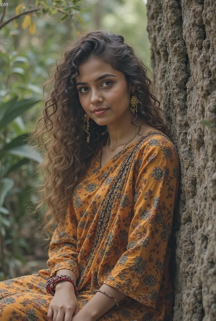 Beautiful women with hard curly hair in salwar plain colour outdoor closeup and click in 85mm prime lens