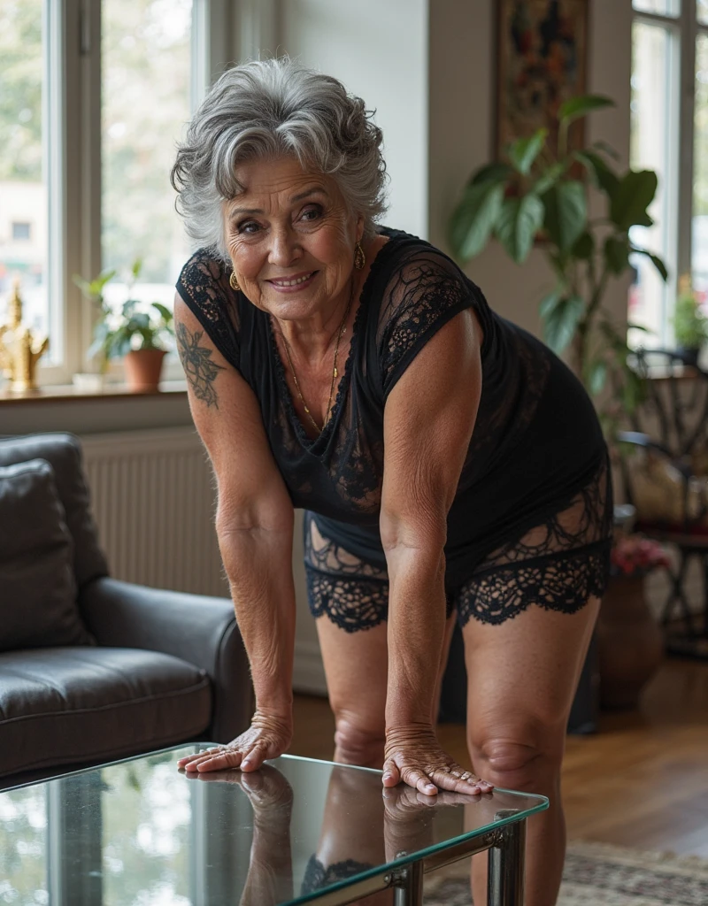 Mature old woman 80 years with silver hair, plus size, old face and body with many wrinkles, smiling, loose skin, standing at bedroom posing for photo, She wearing tight orange bodycon dress, large neckline and lace stockings and glasses side view. jaw dropping mature older beauty, old face and body with wrinkles, legs are visible, old face, attractive grandma, a gorgeous old hair, beautiful old grandma, lovely older mature grandma, gorgeous beautiful grandma over 80 years old, beautiful silver hair grandma, beautiful detailed body and face, a beautiful old granny
