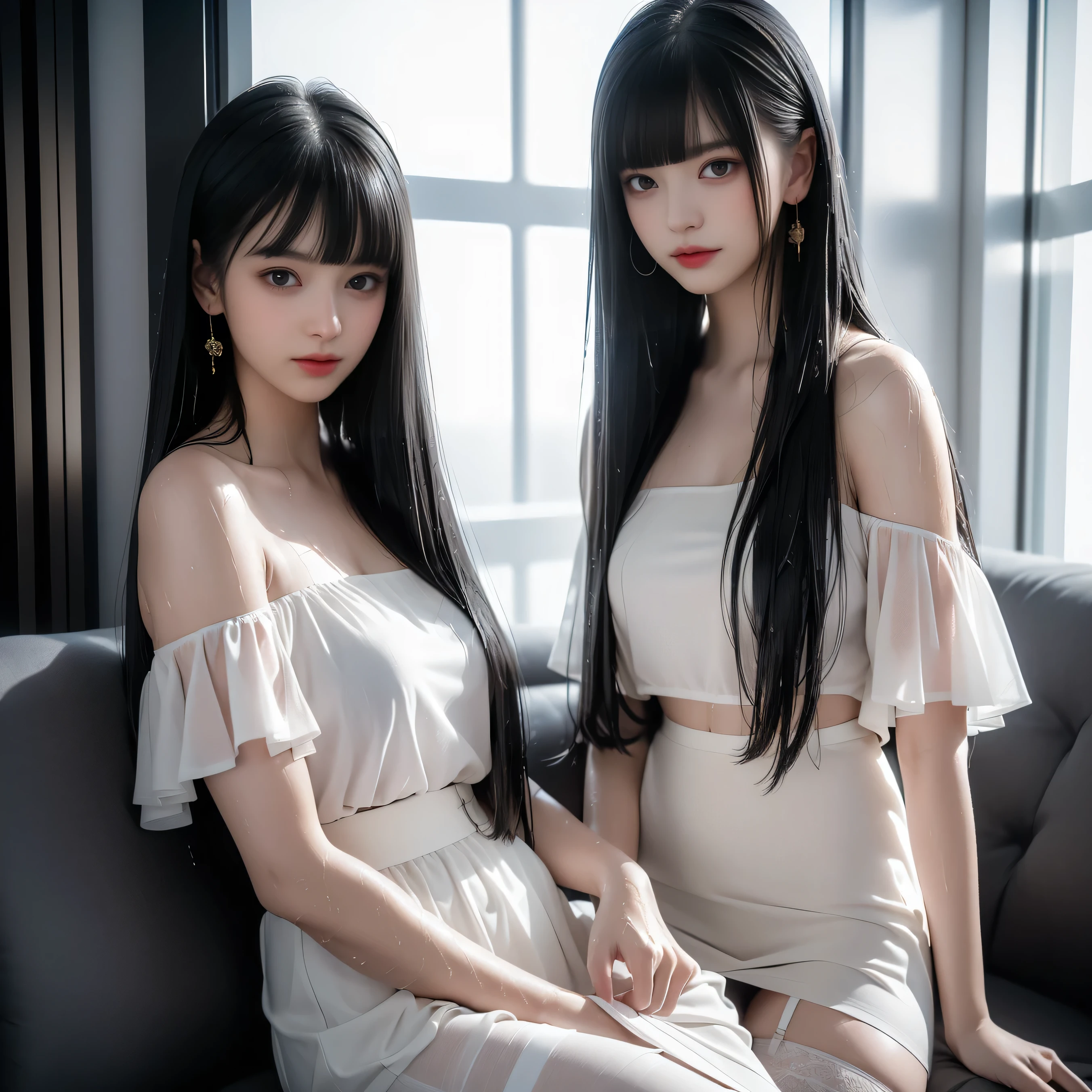 ((Best picture quality, 8K, tmasterpiece:1.3)), 1girll, Beautiful woman with slender abs:1.3, (Casual hairstyle, No leakage of medium breasts:1.1), V-neck dress:1.1, Silk dress，Ultra-fine face, A detailed eye, 二重まぶた，ssmile，Home，adolable，parted lip，japanaese girl, black pupils. straight, black and long hair. pale skin. plump, well-shaped lips.