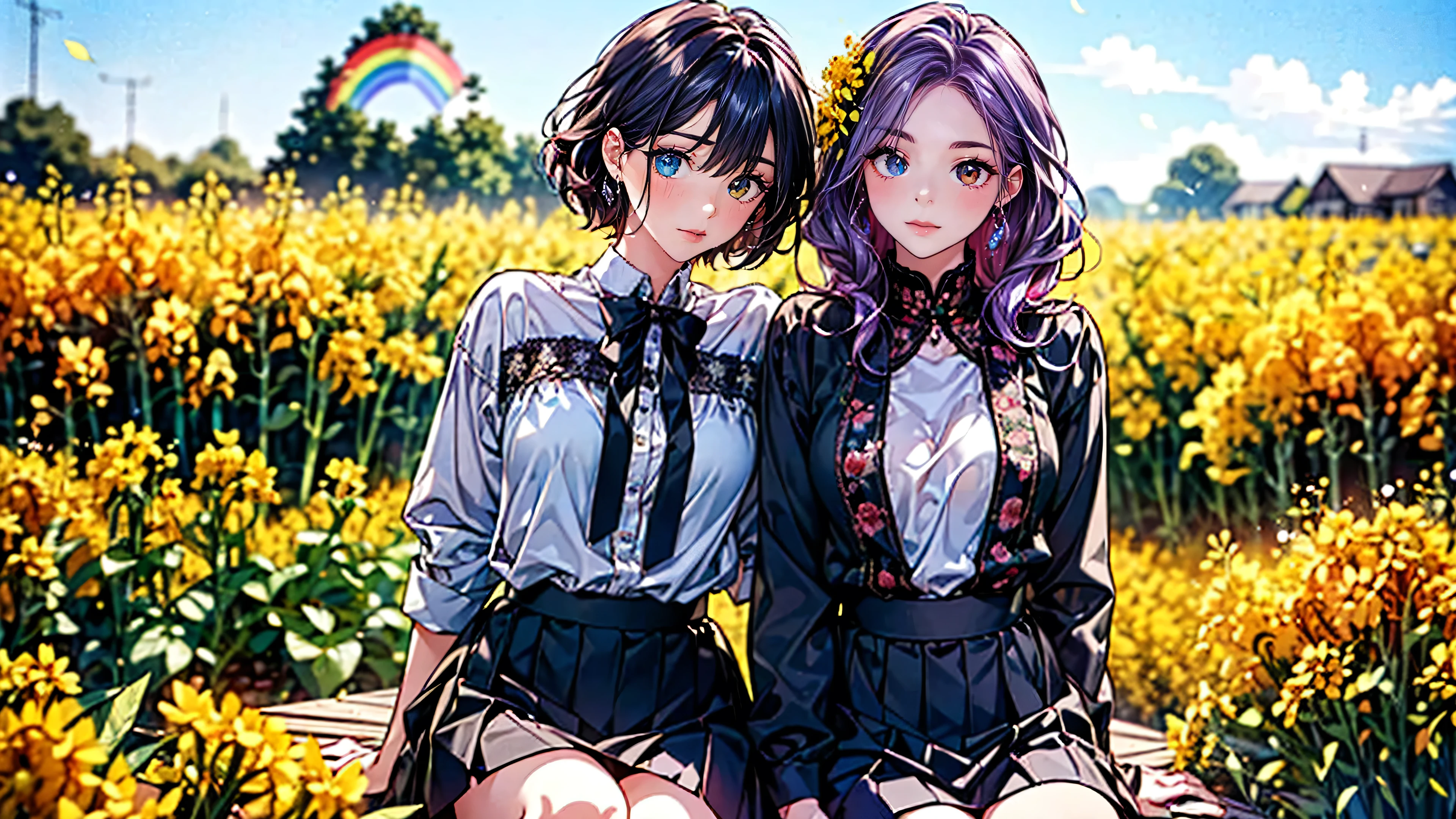 ((top quality))、8k Masterpiece、best image quality、(( two odd-eye high school girls ))、((( rainbow heterochromia、red eyes、blue eyes)))、(( sparkling precise eyes ))、( My long platinum and purple hair )、 stylish hair 、(( clear, glossy skin ))、Extremely fine skin 、(( Very Small Breasts ))、mole on breast 、Slender Body、((beautiful embroidered sweater))、tight skirt、Feather hair ornament、((( sit next to each other in a prairie full of rapeseed flowers)))、onigiriを食べる、Eating lunch 、Rape flower hair ornament、smile、Bathed in sunlight、anatomically correct depiction、super realistic、cute、beautiful、 sandwich 、onigiri、Delicate landscapes、top quality