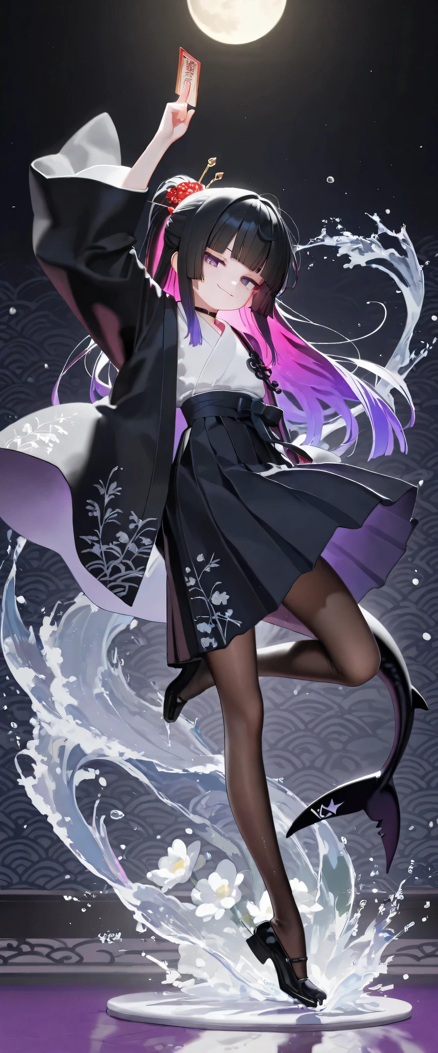 1girl, odd eye, lavender eyes, black eyes, jitome(0.5), Black Hair, red Gradient Hair, glowing hair, blunt straight bangs, hime cut, ponytail, black shark tail, small Breast, black haori, office suit, long skirt, pleated skirt, flower pettern clothes, oriental decoration, Choker, pantyhose, slender body, peace sign, doremi, hwansang, mx2j, masterpiece, best quality, Perfect details, perfect composition, absurdres, newest, very aesthetic, amazing quality, highres, looking at viewer, hairpin, white decorations, white flowers, smug face, dynamic pose, dynamic view, model, simple background, moon, seneual, dealer, hanafuda, hanafuda card, Japanese gambling hall, water splash,