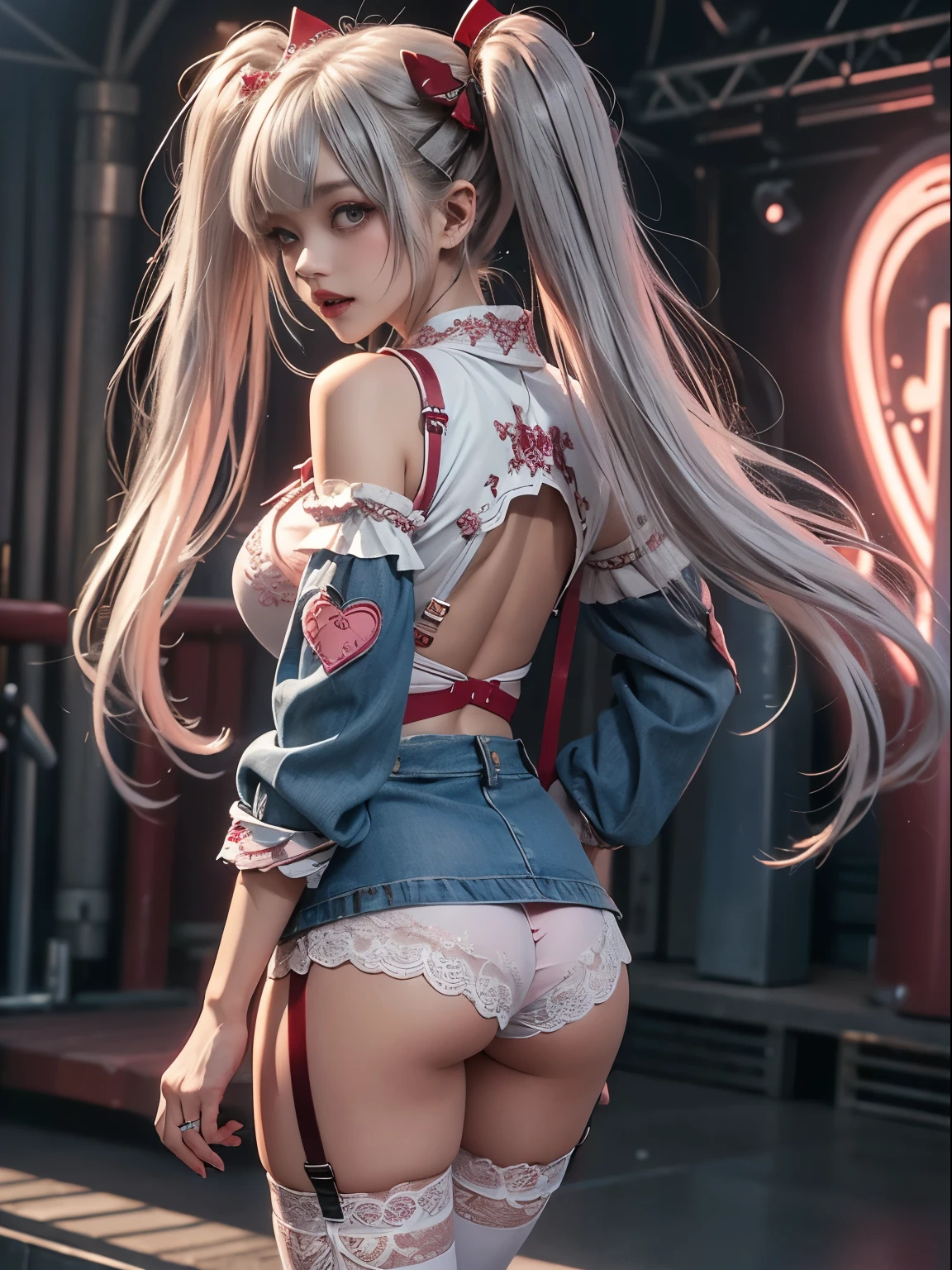 ((一人のWoman in underwearはセクシーに歩いている:1.5)), Beautiful Anime Women, Beautiful art style, Anime characters, ((Smooth texture, Realistic texture, Anime CG Style)), ((Highest quality)), (Very detailed), (Very detailed CG 統合 8k 壁紙), Very detailed, High-resolution RAW color photos, Professional photography, (Brown Hair, Stylish hairstyle:1.1), Great face and eyes, Beautiful and big breasts, Slender body, (Stunningly beautiful woman), (Detailed face:1.2), (Office corridor, There is a window in the hallway:1.4), (Many men in suits are walking in the background:1.5), ((Bow tie around neck:1.3), (Black high heels:1.1), (Sexy and cute white underwear:1.3), (Stylish shiny white satin panties, Side-tie panties, Panties with plain white center and lace decoration on the sides:1.3), (Thin panties with red ribbon:1.3), (White micro lace satin bra, White lace-trimmed bra, Thin bra with red ribbon:1.3), (lace garter belt, Garter Strings, Knee socks:1.3):1.3), (naked, Woman in underwear, 女性はブラとパンティとKnee socksとガーターベルトだけを着用:1.5), Exact number of arms, Exact number of legs, Perfect Anatomy, (Embarrassed expression, Surprised expression), Angle from the front, Exact finger count、Exact number of legs、(Exact number of arms:1.0, Exact number of hands:1.0), (Perfect hands, Perfect Anatomy)