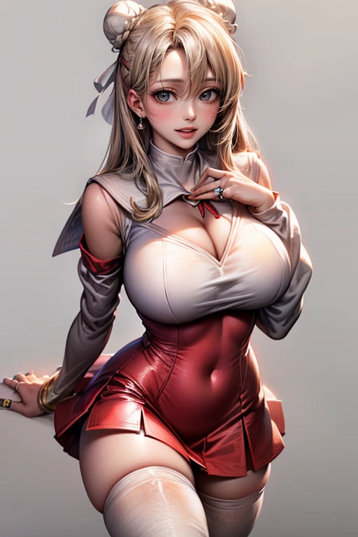 ((Best Quality, Masterpiece)), Detailed, Realistic, 1 young woman with white long curly hair, inform, 25 years, (evil smirk:1.3), (white hair:1.4), (violet eyes:1.3) (Athletic woman:1.5), (Abs:1.3), (shapely body:1.5) (Huge-breasts)), (eye shadow), 鎖骨, (Elastic breasts:1.4), red luxury lace corset:1.5), (red Luxury frilly skirt:1.5), (full skirt with frills:1.3), (red stockings:1.3), (red gloves:1.3), (red gradient background:1.3) (hands on breast:1.3) (standing:1.3), ((tilted forward)), (spreading legs:1.3), (cameltoe:1.3), (partially visible vulva:1.3) (Detailed image, hiquality, HDR, masterpiece, ultra detail) (realistic image), ((full body))
