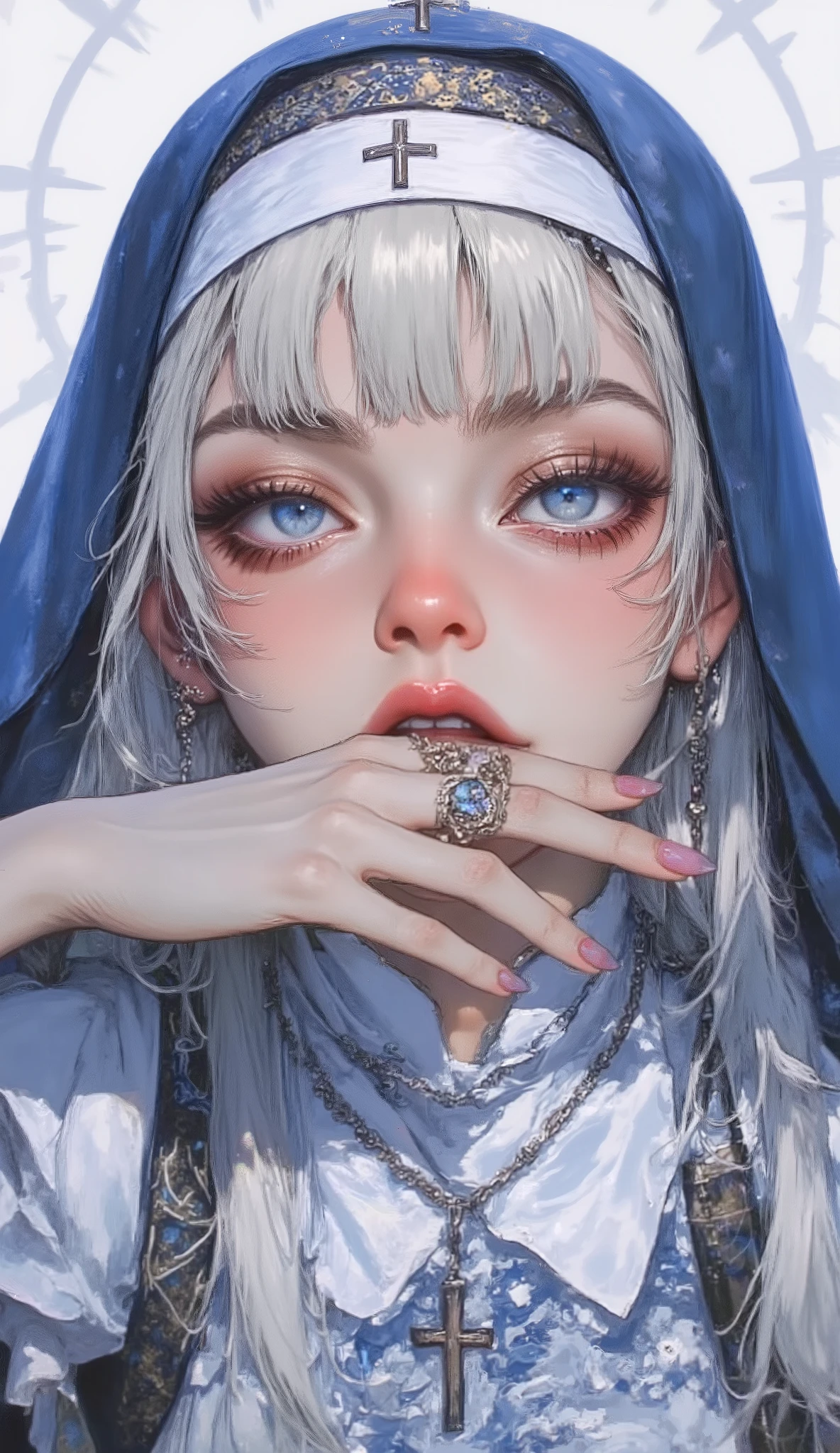 extremely detailed CG, high resolution, best quality, masterpiece, single woman, light blue eyes, (beautiful detailed eyes: 1.4), light blonde hair, nun attire, thicc, blushing, monastery , solid single color background 