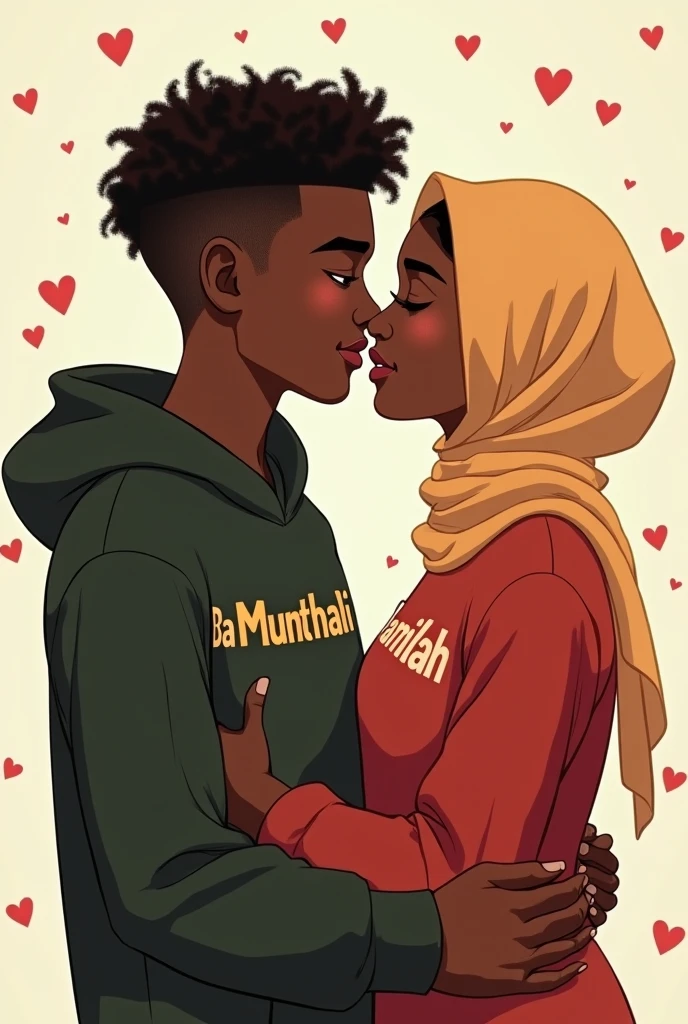 drawing of a couple, with a young couple with a slight smile where the woman is white with straight black hair and the man is black with curly black hair, as if it were a cartoon, the boy can't control himself and kisses her on the lips and the girl wearing grey hijab shocked at his actions, french kissing. the drawing has to be animated but a little realistic, the couple has to be hugging each other, nothing too childish. the couple has to look like they are . the boy's hair is curly and defined, while the girl has happy facial expressions but not too much, just a slight smile 