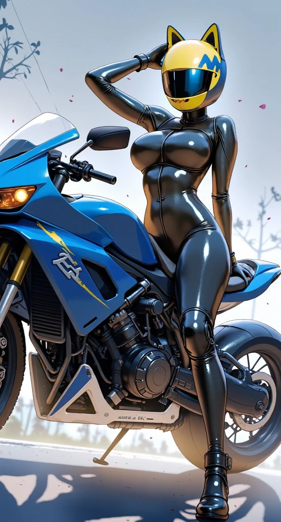 (1girl:1.4),(solo:1.4),(full body:1.4),(motor vehicle, motorcycle, on motorcycle, ground vehicle, riding a motorcycle, riding, driving), An exceptionally stunning supermodel standing at 180cm tall,showcasing incredibly ultra long gorgeous legs, ((gigantic sagging breasts, large breasts, gigantic breasts, sagging breasts)),(saggy tits:1.1),(sagging breast:1.1),(huge breasts:1.8),(tiny waist:1.1),(super tall:1.4), (Very slim and slender muscular body:1.3), (long leges:1.5), (Extremely beautiful face, Beautiful lips, Beautiful eyes), (thicc:1.5), wide hips, perfect hand,good hands,shimohirareika,shimohirareika3D,sexy pose,gravure pose,sweat,close up,arm up,arm at behind back,(gantz power bodysuit:1.4),dof,sharp focus, hoshimachisuisei, suisei hoshimachi, blue eyes, blue hair, choker, hair between eyes, medium hair, side ponytail, star choker, (photorealisic:1.4),Best Quality,Masterpiece,Highest resolution,Raw Photo,intricated nipple detail,Realistic Skin Detail,
BREAK beautiful combat bodysuit
BREAK looking at viewer,